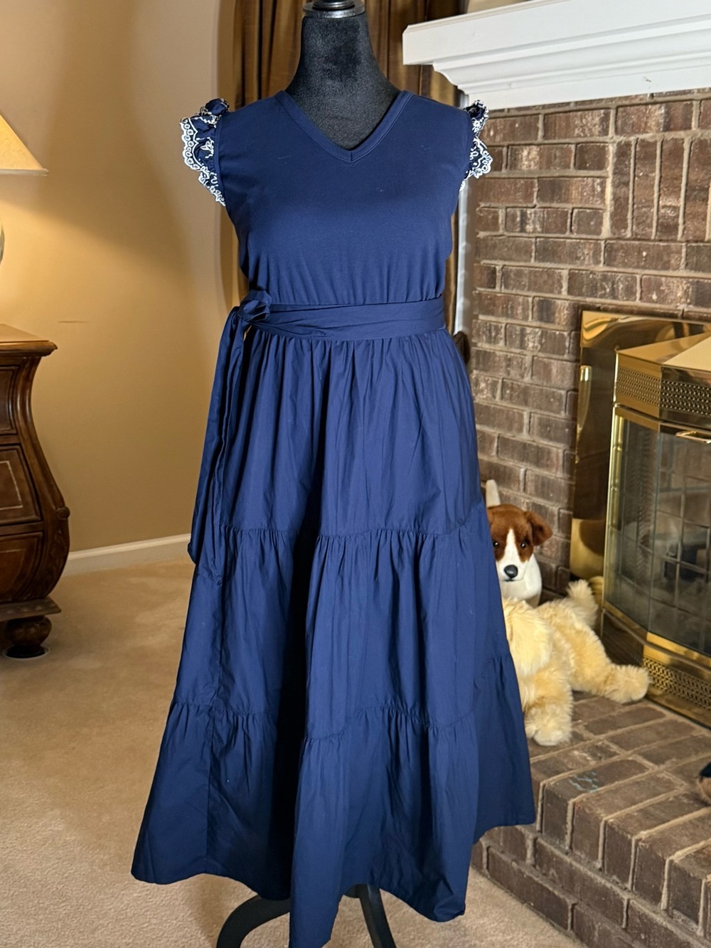 Lane Bryant 18/20 Navy Tiered Maxi Dress Cottagecore Eyelet Flutter Sleeve